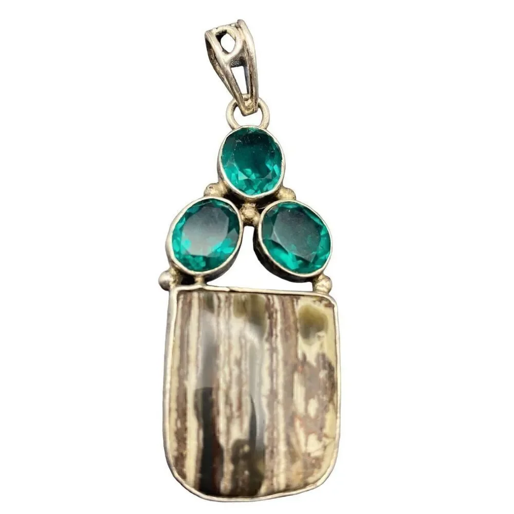 Sterling silver 925 zebra jasper and green CZ pendant necklace
